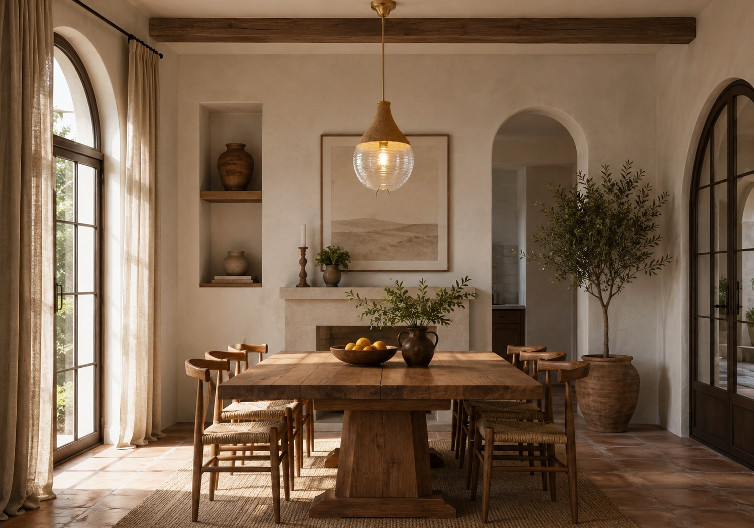 Lámpara de techo colgante de diseño rústico sobre mesa de comedor de madera