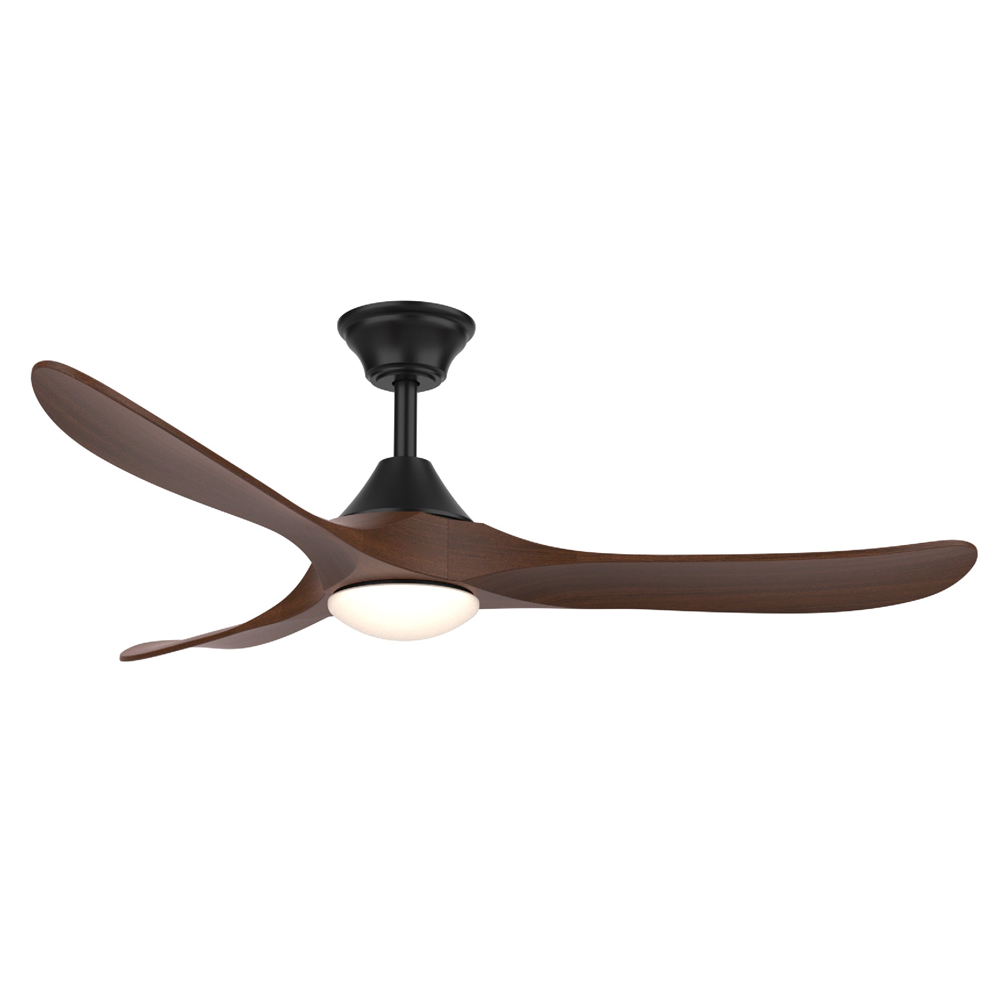 Ventilador de techo moderno con aspas de madera oscura y luz integrada