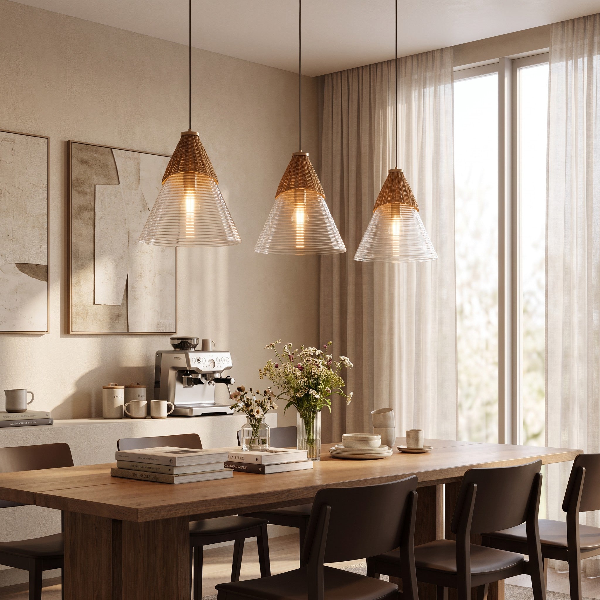 Tres lámparas colgantes de diseño moderno sobre una mesa de comedor de madera.