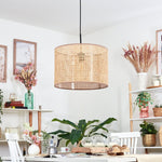 Lámpara colgante cilíndrica tejida de ratán boho para comedor y sala de estar