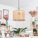 Lámpara colgante cilíndrica tejida de ratán boho para comedor y sala de estar