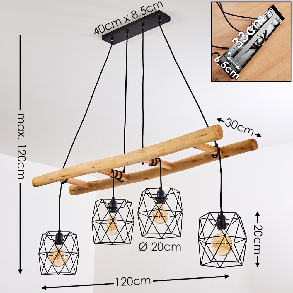 Lámpara colgante lineal escandinava rústica de madera y jaula geométrica de alambre para cocina y comedor