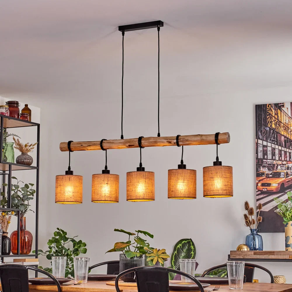 Lámpara colgante lineal rústica escandinava de madera y jaula geométrica de alambre para cocina y comedor