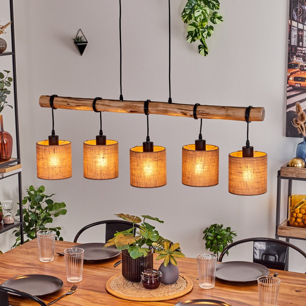 Lámpara colgante lineal rústica escandinava de madera y jaula geométrica de alambre para cocina y comedor