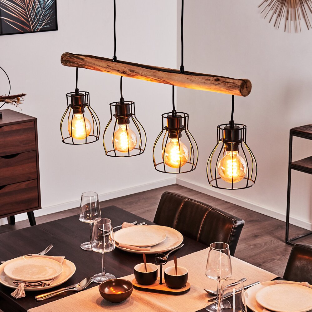 Lámpara colgante lineal industrial rústica de madera y jaula de alambre para comedor y sala de estar
