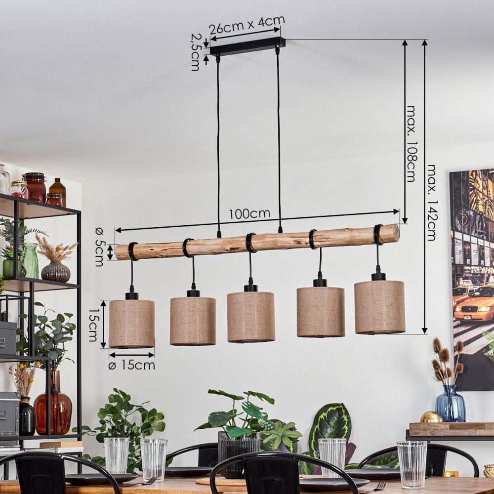Lámpara colgante lineal rústica escandinava de madera y jaula geométrica de alambre para cocina y comedor
