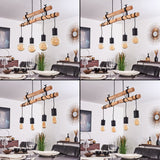 Lámpara colgante industrial vintage de doble viga de madera y grupo de bombillas Edison para comedor y sala de estar