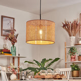 Lámpara colgante cilíndrica tejida de ratán boho para comedor y sala de estar