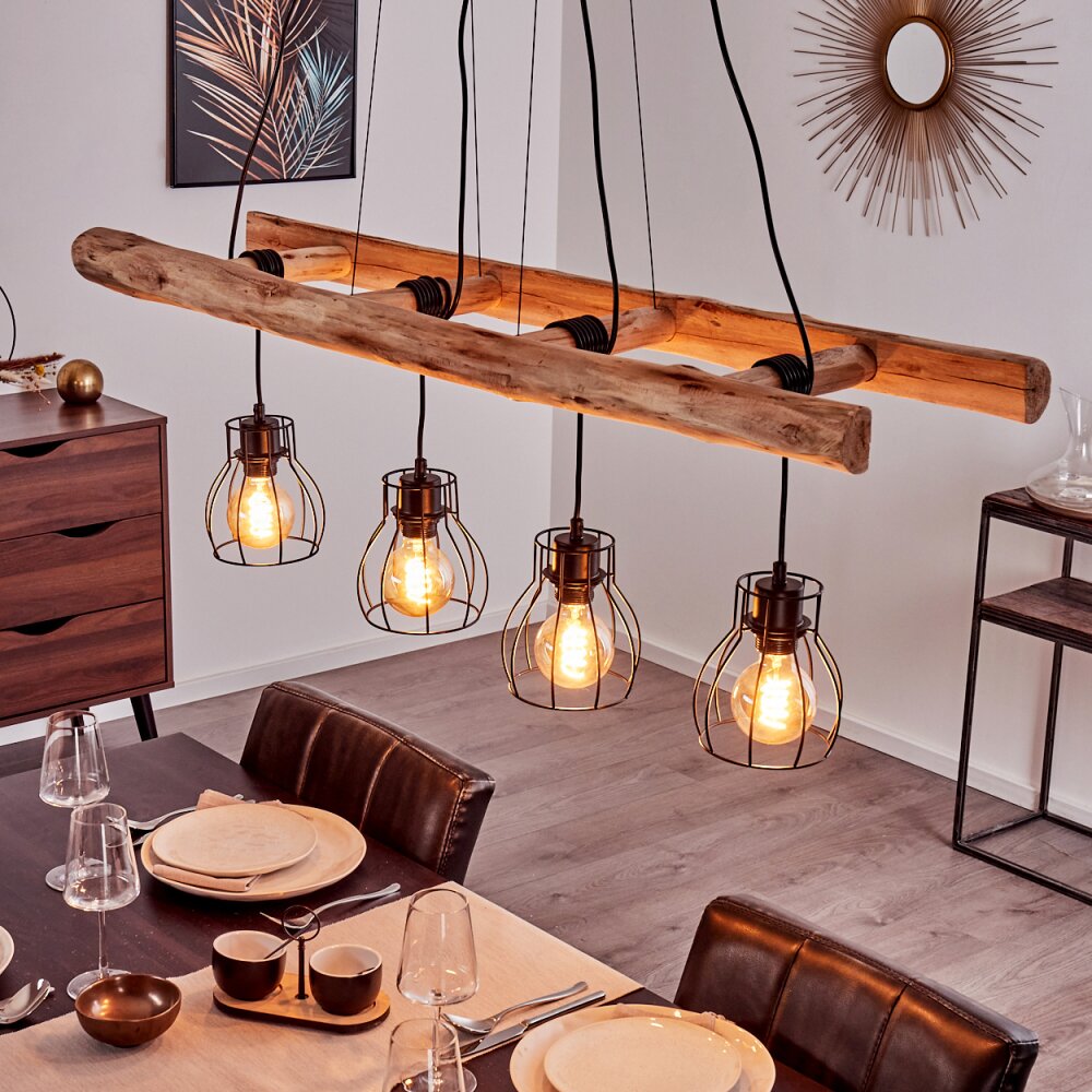 Lámpara colgante lineal de jaula de madera y alambre estilo granja industrial para comedor y sala de estar