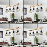 Lámpara colgante lineal industrial rústica de madera y jaula de alambre para comedor y sala de estar