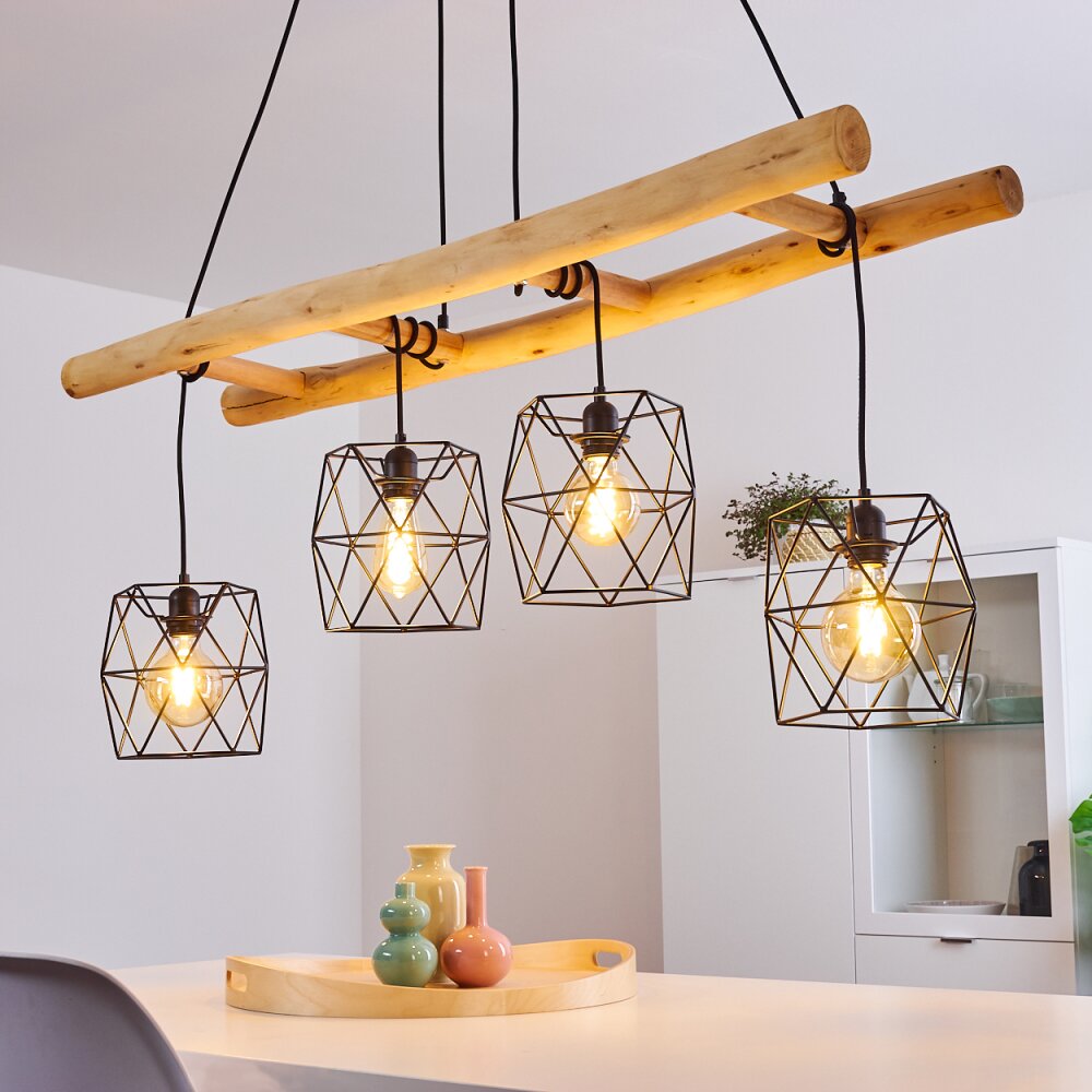 Lámpara colgante lineal escandinava rústica de madera y jaula geométrica de alambre para cocina y comedor