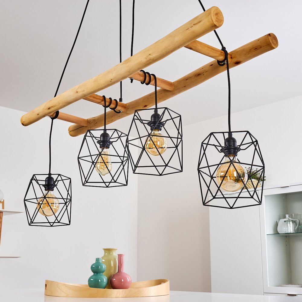 Lámpara colgante lineal escandinava rústica de madera y jaula geométrica de alambre para cocina y comedor