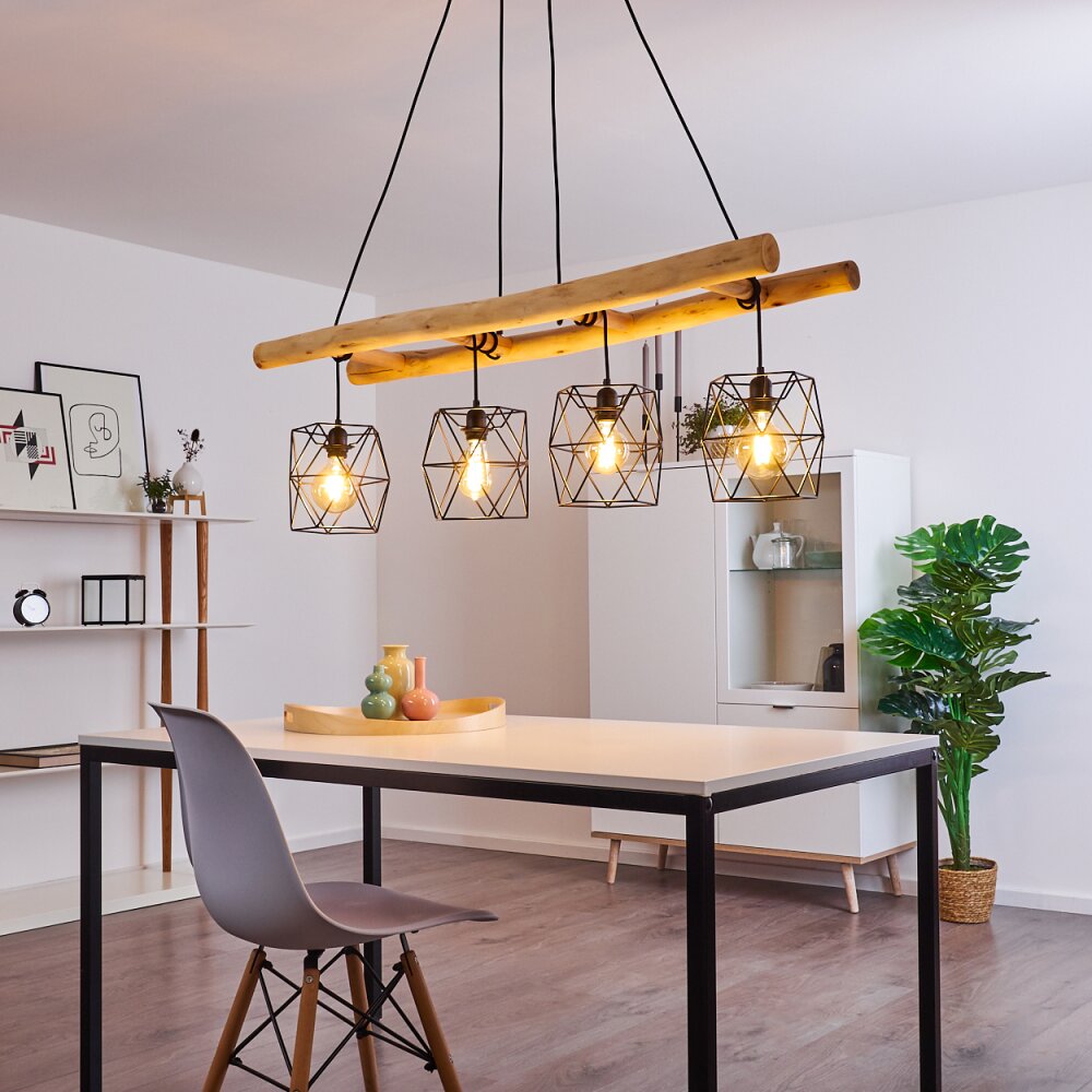 Lámpara colgante lineal escandinava rústica de madera y jaula geométrica de alambre para cocina y comedor
