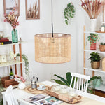Lámpara colgante cilíndrica tejida de ratán boho para comedor y sala de estar