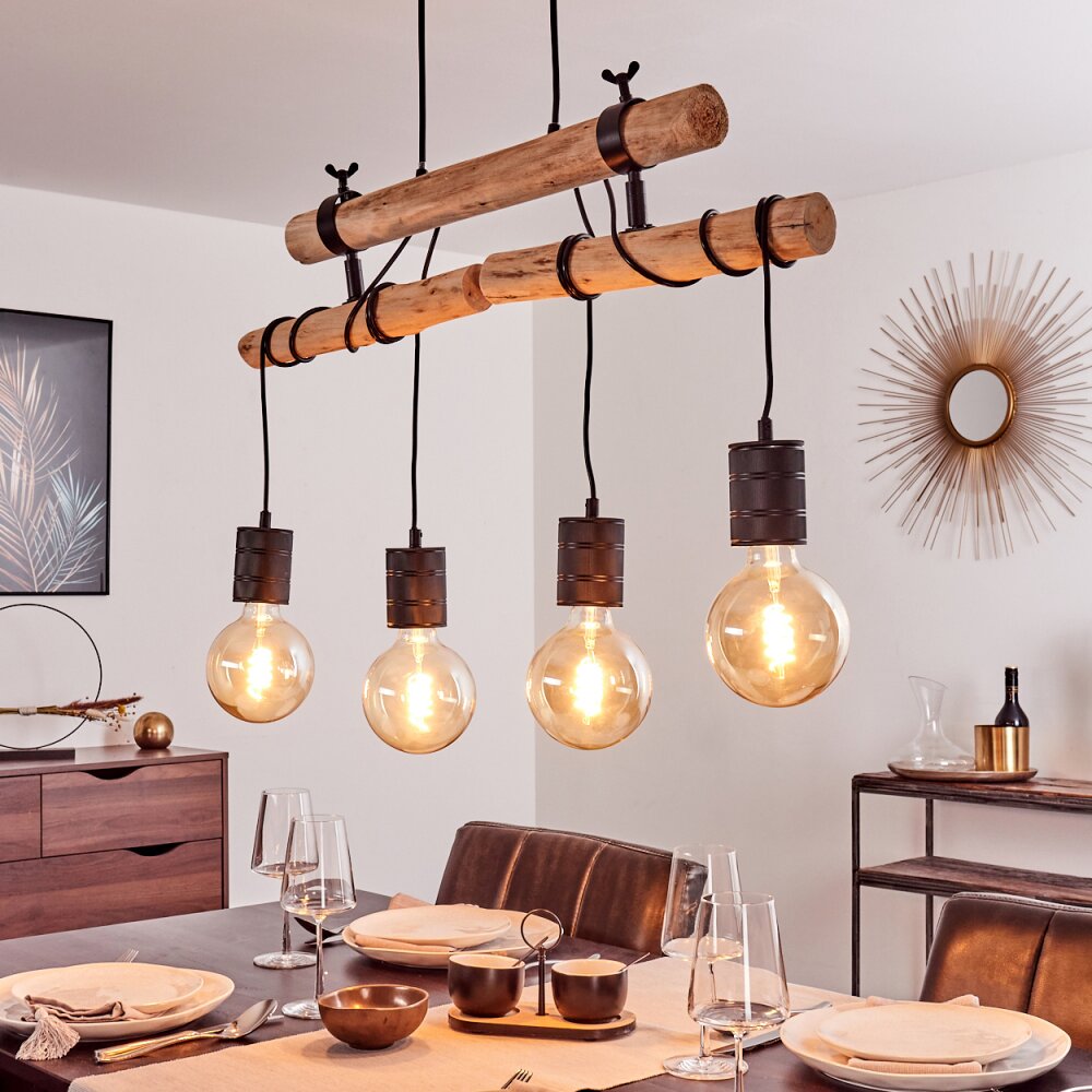 Lámpara colgante industrial vintage de doble viga de madera y grupo de bombillas Edison para comedor y sala de estar