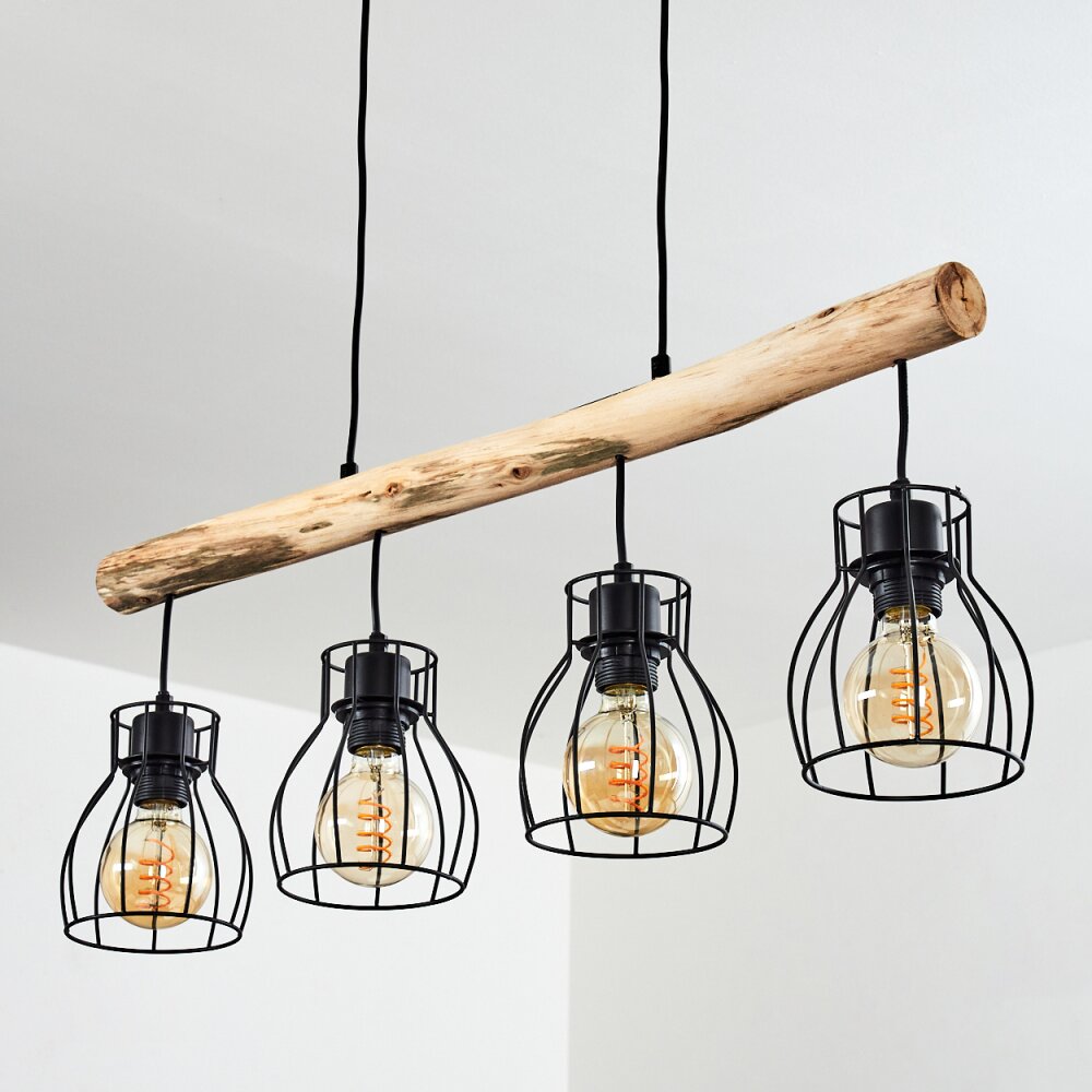Lámpara colgante lineal industrial rústica de madera y jaula de alambre para comedor y sala de estar