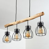 Lámpara colgante lineal industrial rústica de madera y jaula de alambre para comedor y sala de estar