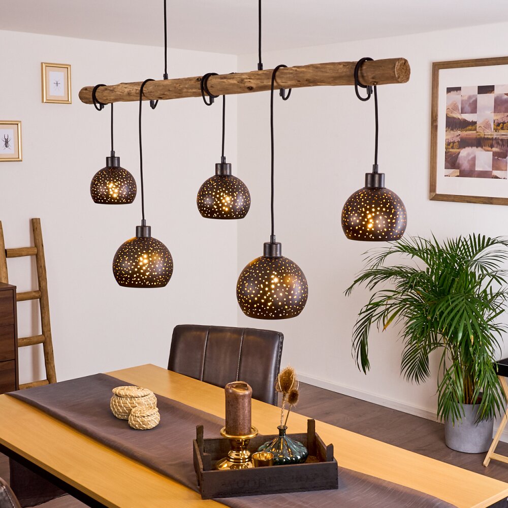 Lámpara colgante de grupo perforado de madera rústica bohemia para comedor y sala de estar