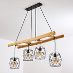 Lámpara colgante lineal escandinava rústica de madera y jaula geométrica de alambre para cocina y comedor