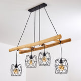 Lámpara colgante lineal escandinava rústica de madera y jaula geométrica de alambre para cocina y comedor