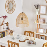 Lámpara colgante boho de ratán tejido con forma de campana para comedor y sala de estar