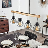 Lámpara colgante lineal industrial rústica de madera y jaula de alambre para comedor y sala de estar