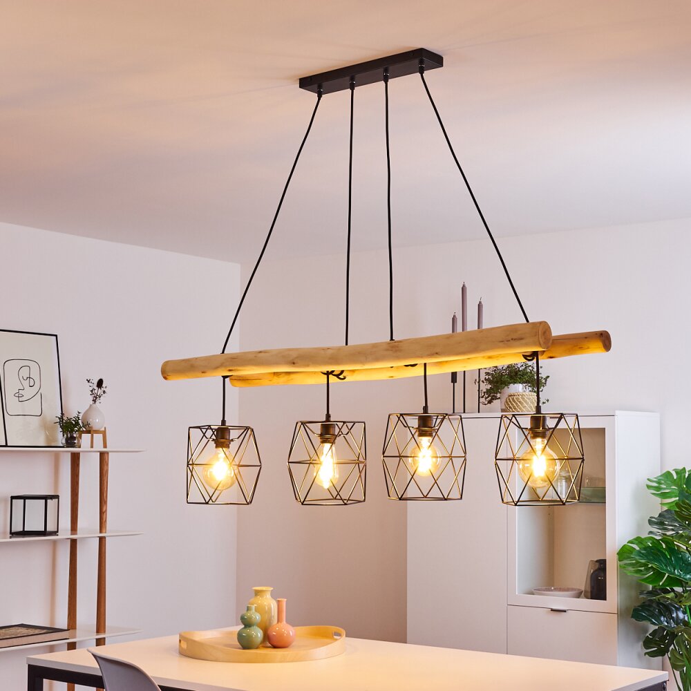 Lámpara colgante lineal escandinava rústica de madera y jaula geométrica de alambre para cocina y comedor