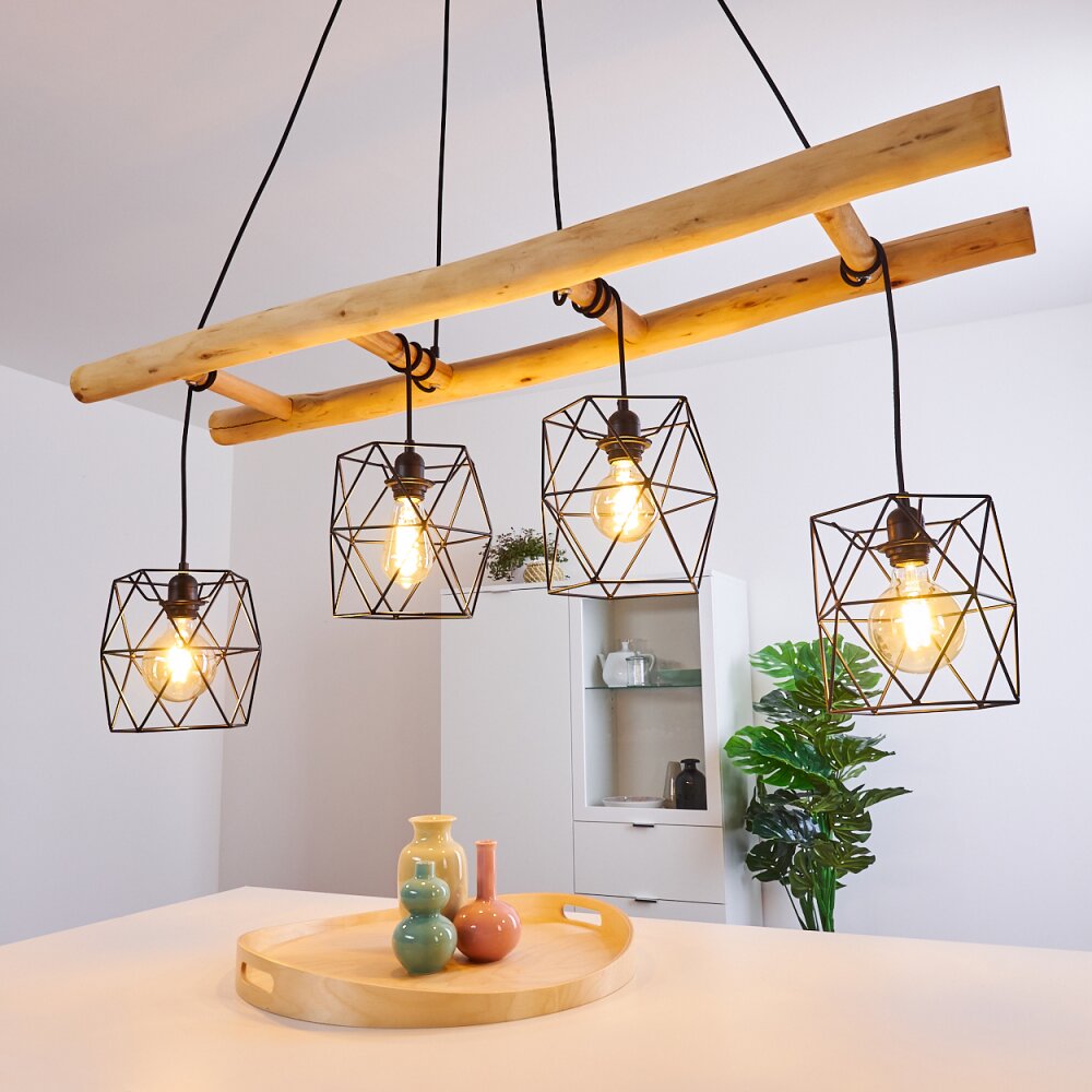 Lámpara colgante lineal escandinava rústica de madera y jaula geométrica de alambre para cocina y comedor