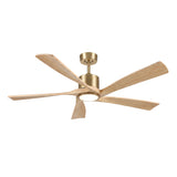Ventilador de techo Amora de Soft Brass/madera clara Ø132 cm con luz LED y aspas de madera maciza 100%