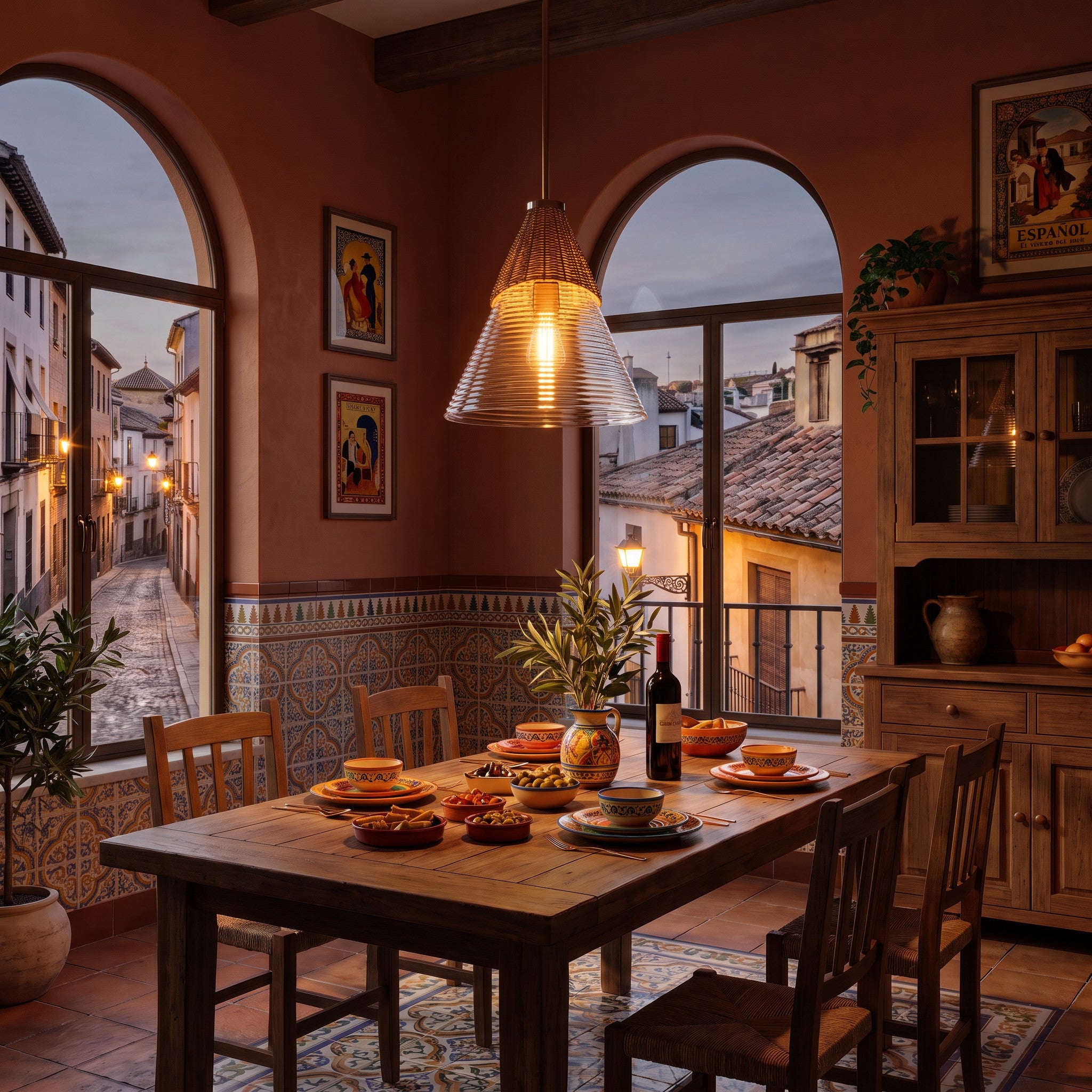 Lámpara de techo de diseño suspendida sobre una mesa de comedor en un interior rústico.