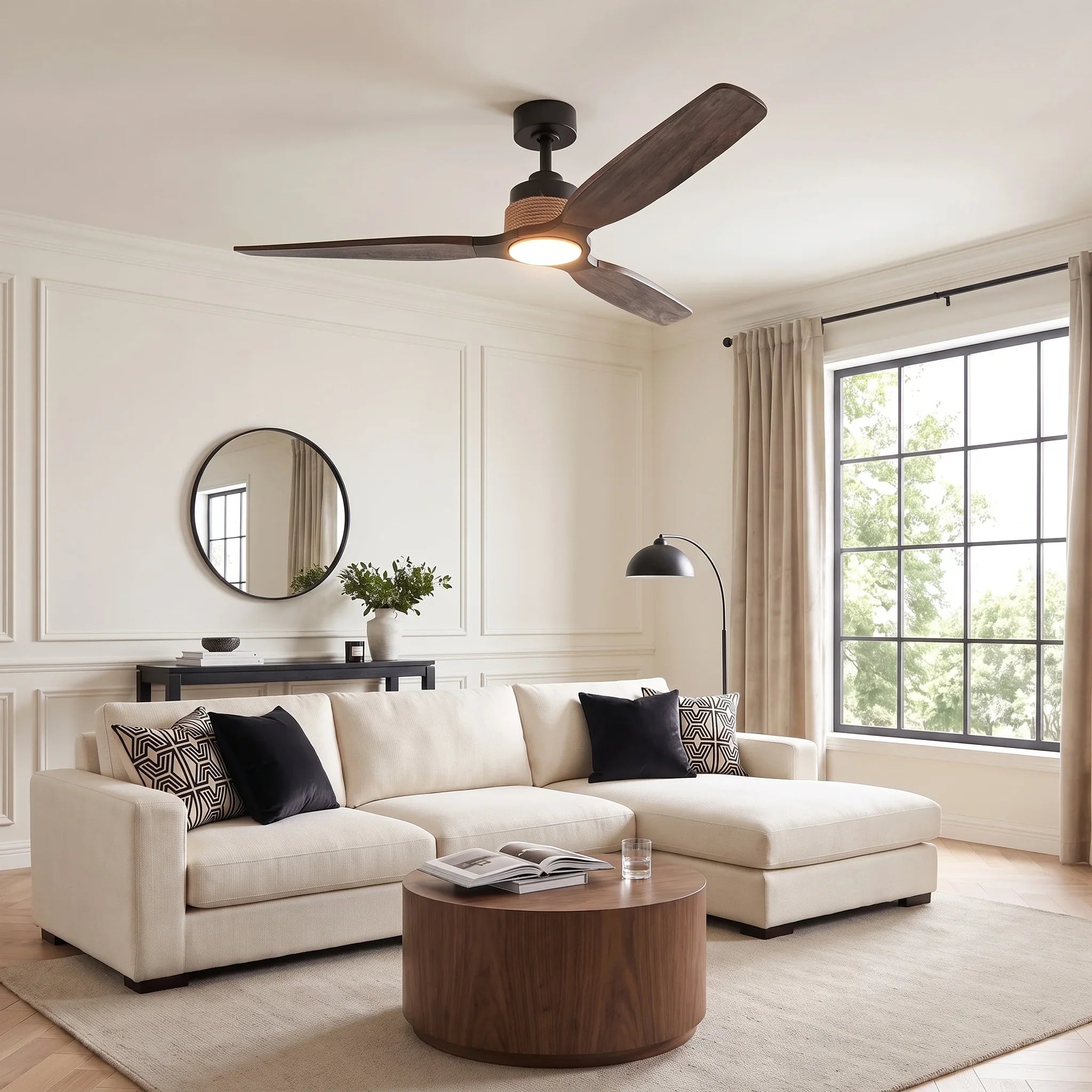 Louise Matte Black Ceiling Fan Ø142 cm with LED Light and 100% Solid Wood Blades