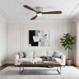 Ventilador de techo Mavren en níquel cepillado/nogal oscuro Ø132 cm con luz LED y aspas de madera maciza 100%