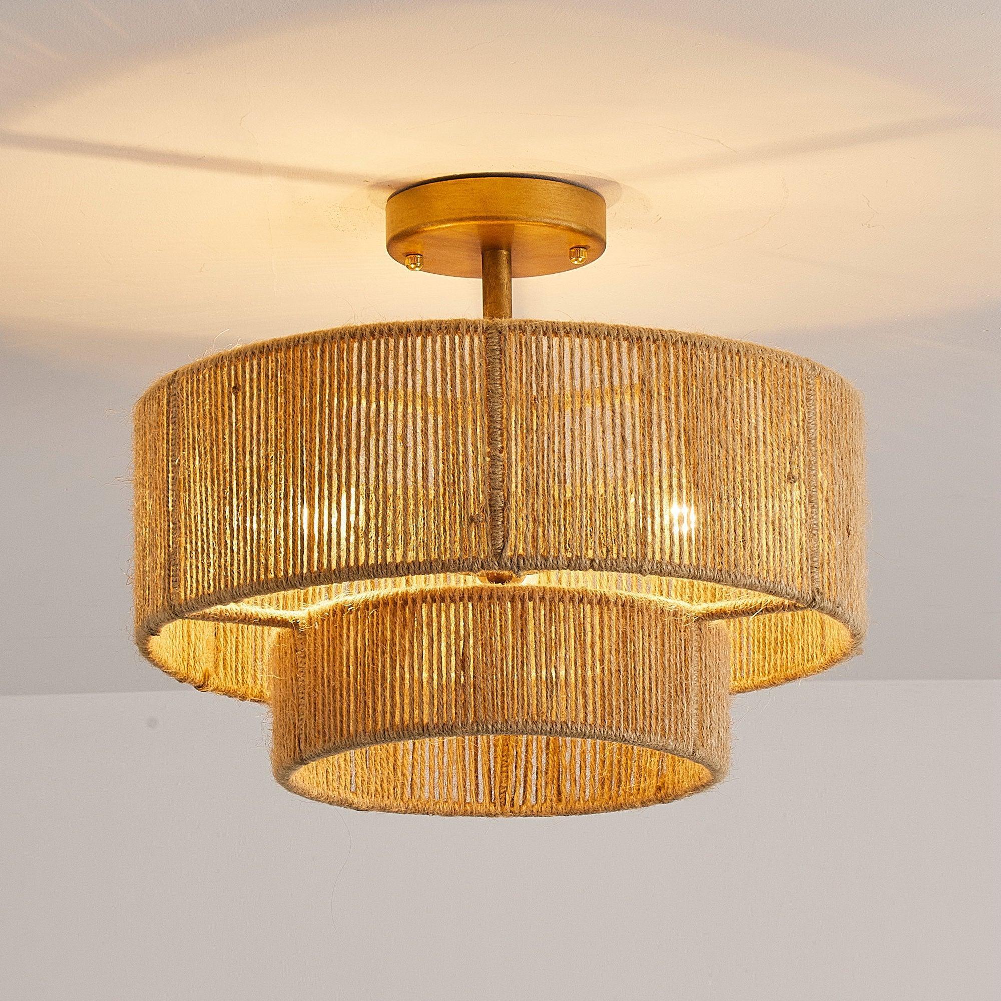 Lámpara de techo al ras con cuerda estilo granja tradicional Wabi-Sabi de 3 luces
