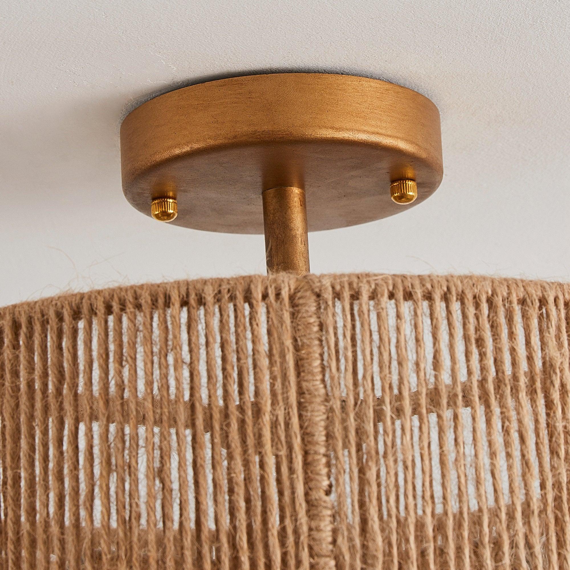 Lámpara de techo al ras con cuerda estilo granja tradicional Wabi-Sabi de 3 luces