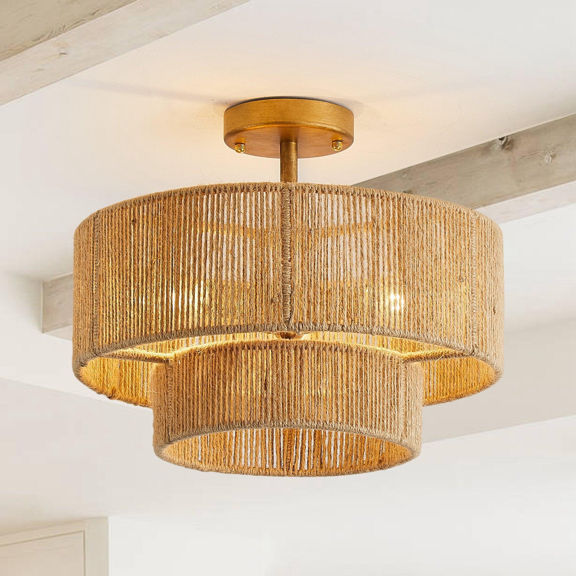 Lámpara de techo al ras con cuerda estilo granja tradicional Wabi-Sabi de 3 luces