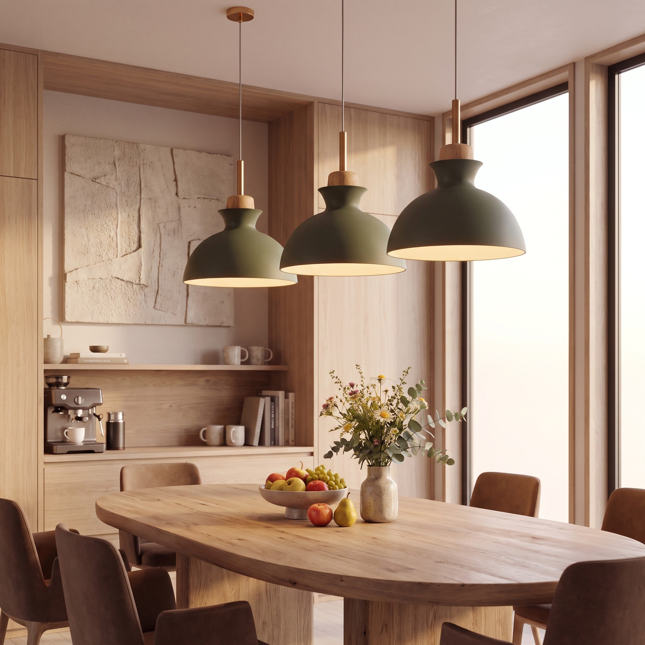Tres lámparas de diseño colgantes en color verde oliva sobre una mesa de comedor de madera.
