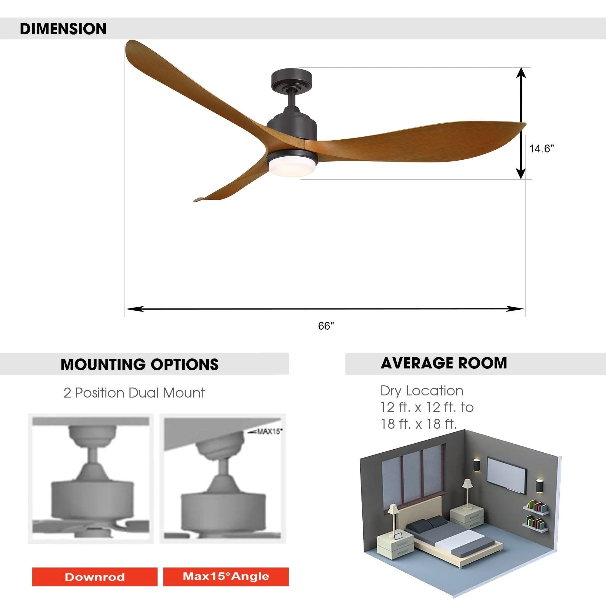Ventilador de techo moderno Misael de 167 cm (66'') Motor DC con iluminación LED