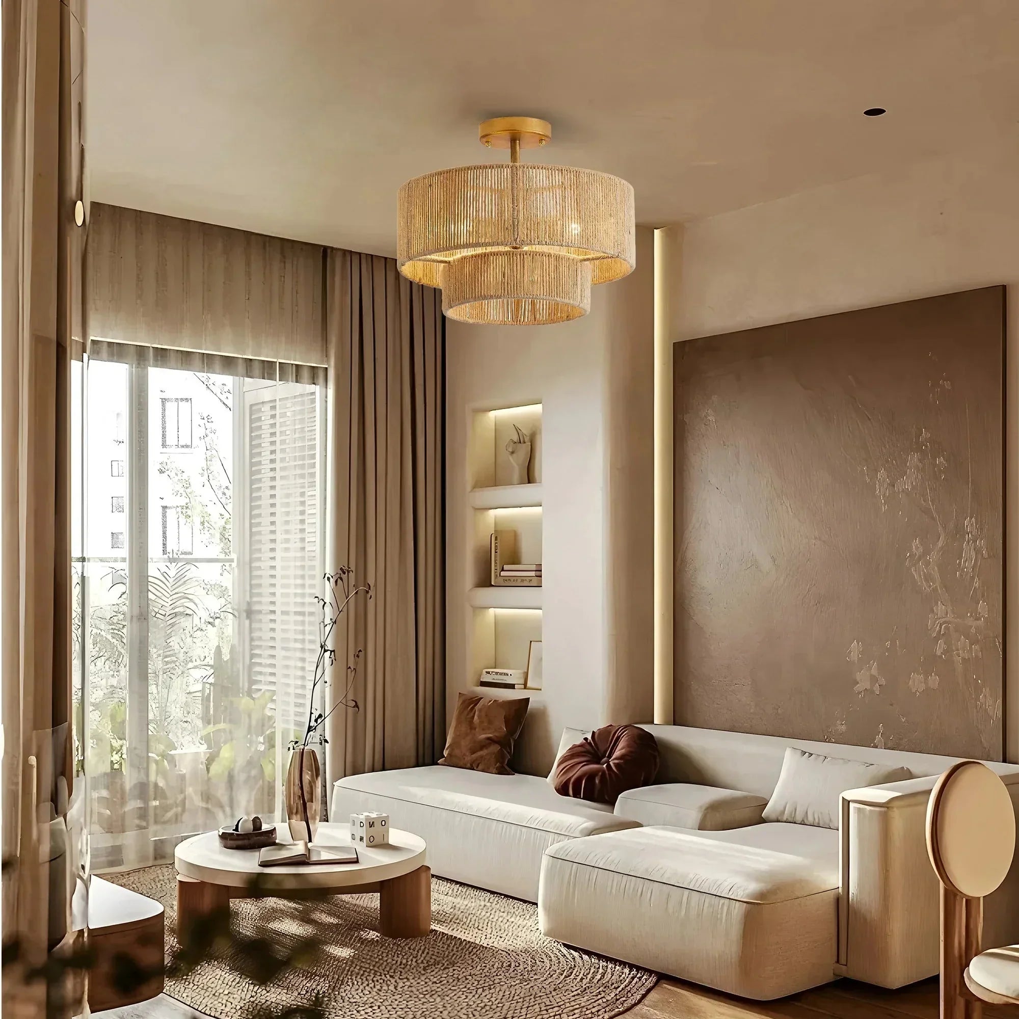 Lámpara de techo al ras con cuerda estilo granja tradicional Wabi-Sabi de 3 luces
