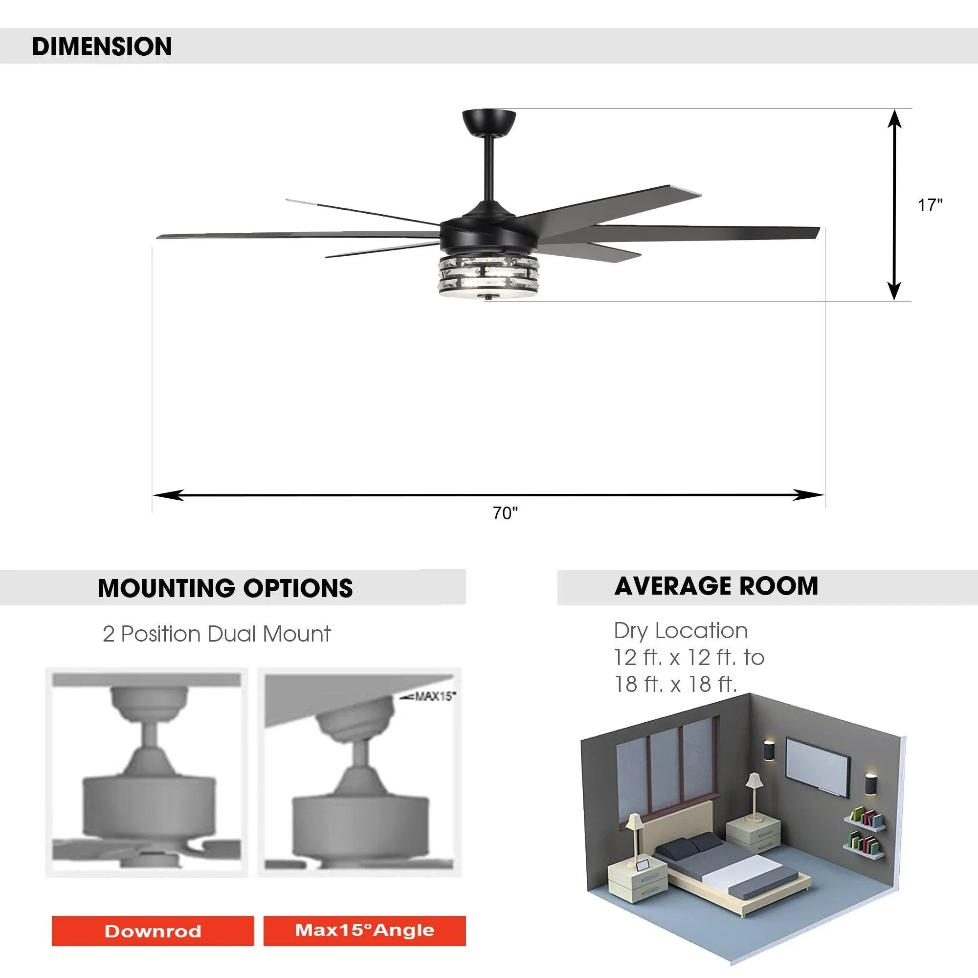 Ventilador de techo moderno reversible de Ø178 cm con luz y mando a distancia