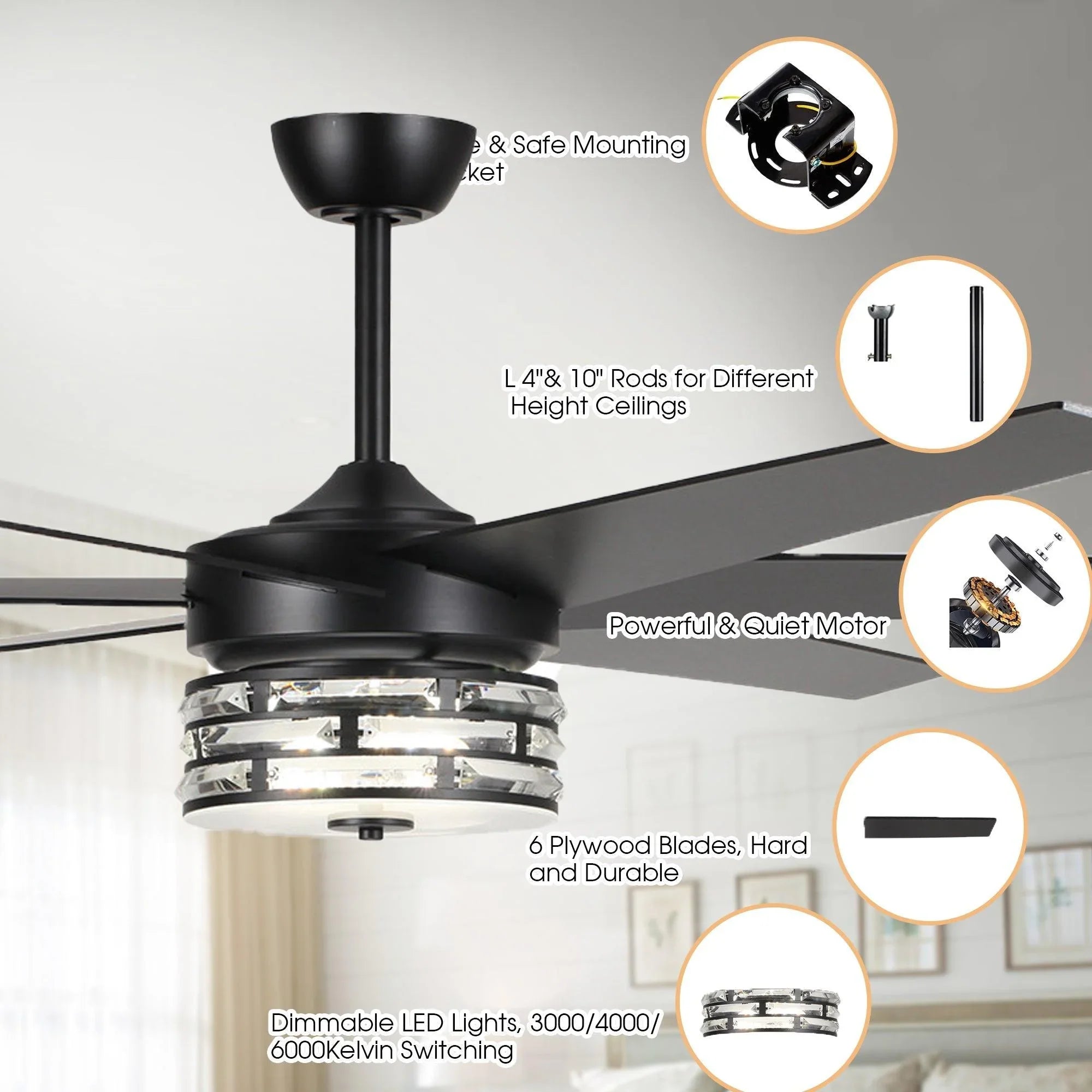 Ventilador de techo moderno reversible de Ø178 cm con luz y mando a distancia