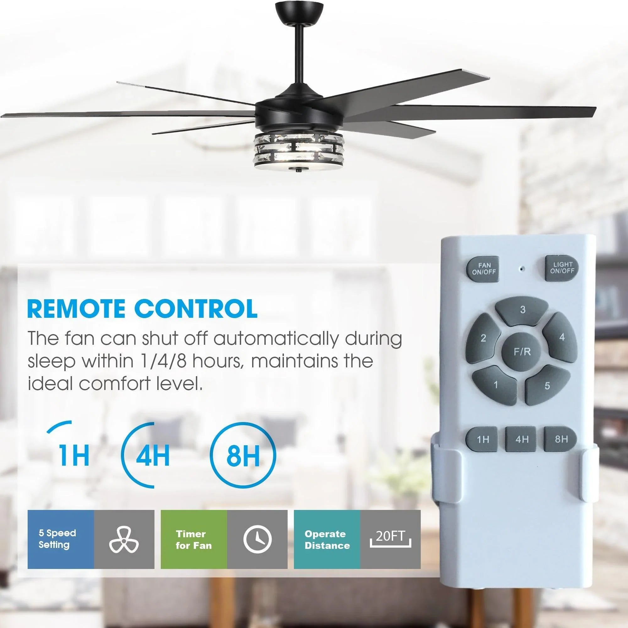 Ventilador de techo moderno reversible de Ø178 cm con luz y mando a distancia