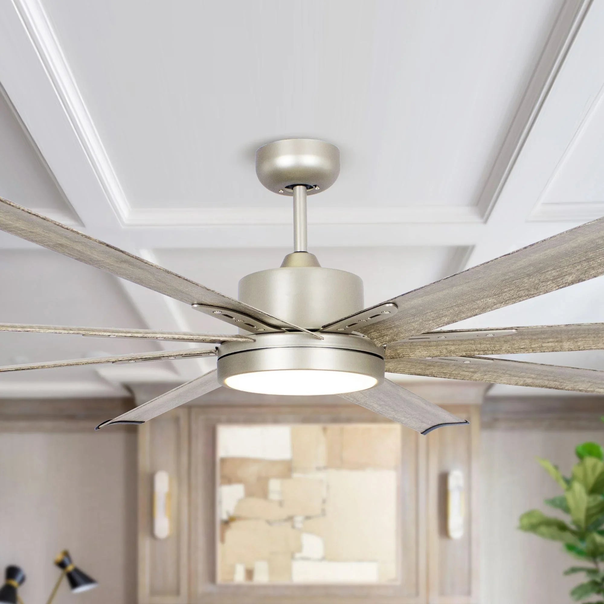 Ventilador de techo Bankston Modern de 189 cm (72") con acabado en níquel satinado, montaje con varilla Motor DC, iluminación LED y mando a distancia