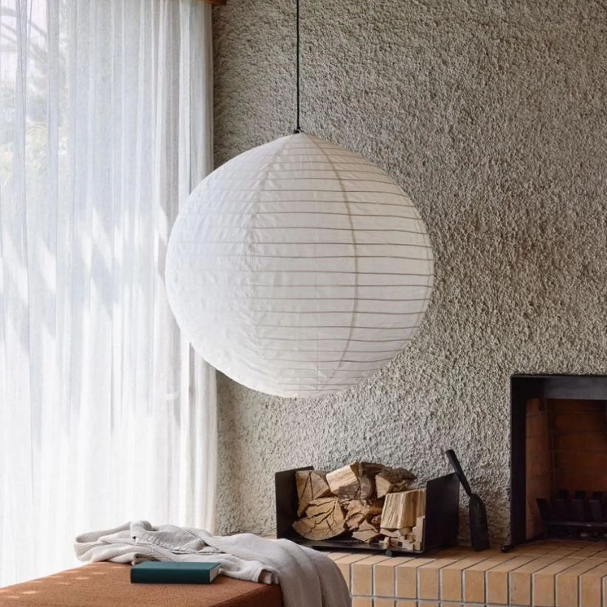 Pantalla de lámpara colgante de lino color blanco roto hecha a mano LUNA Ø de 50 cm, estilo escandinavo Japandi, accesorio de iluminación natural