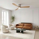 Ventilador de techo Mavren de níquel cepillado/madera clara de Ø132 cm con luz LED y aspas de madera maciza 100% 