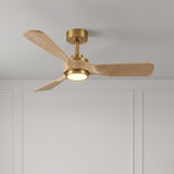 Ventilador de techo Elva Soft Brass/madera clara de Ø112 cm con luz LED y aspas de madera maciza 100% 