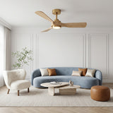 Ventilador de techo Elva Soft Brass/madera clara de Ø112 cm con luz LED y aspas de madera maciza 100% 