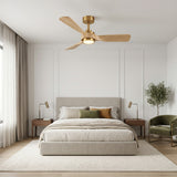 Ventilador de techo Elva Soft Brass/madera clara de Ø112 cm con luz LED y aspas de madera maciza 100% 