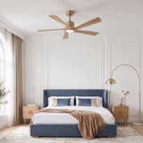 Ventilador de techo Amora de Soft Brass/madera clara Ø132 cm con luz LED y aspas de madera maciza 100%