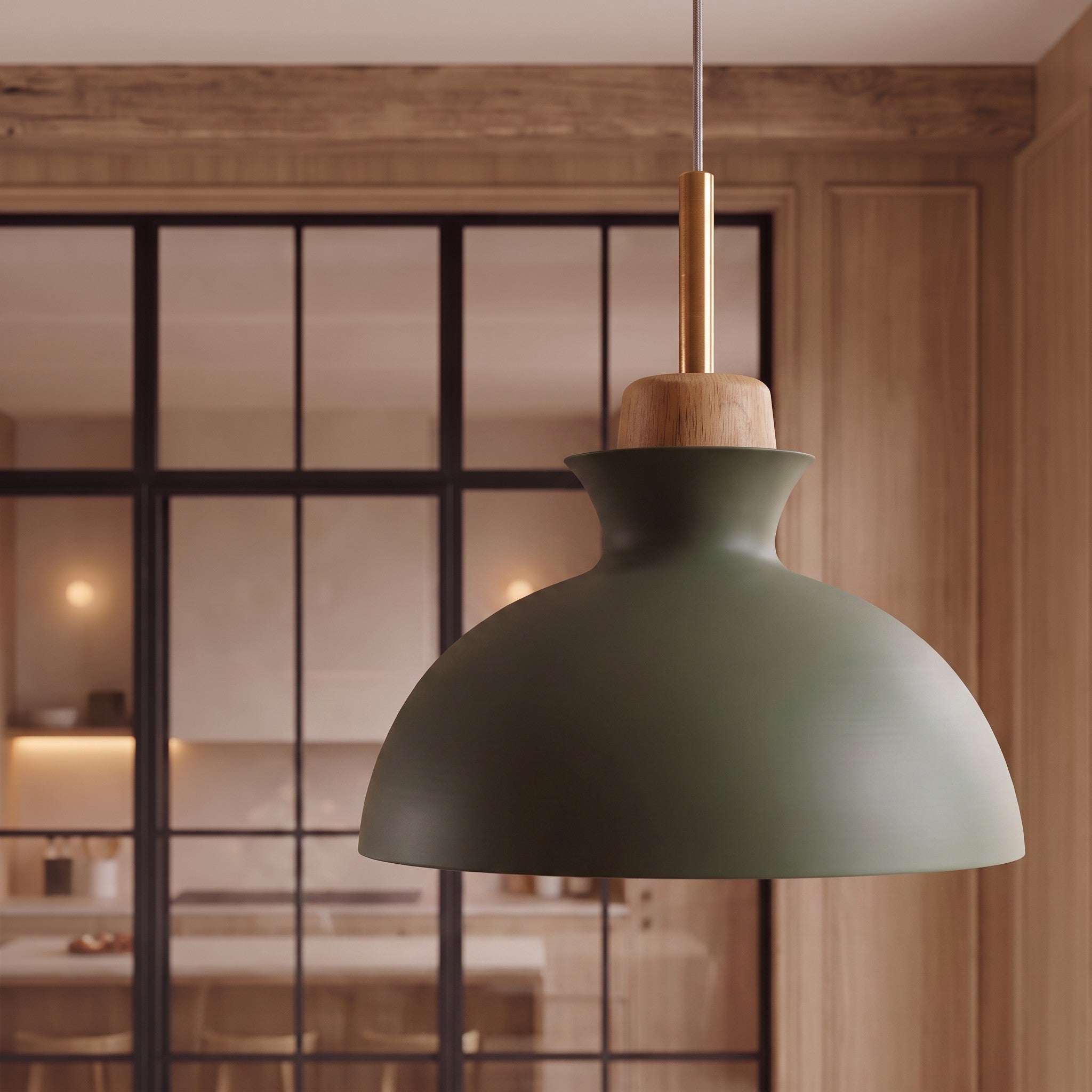 Lámpara de techo de diseño en color verde oliva con detalles en madera