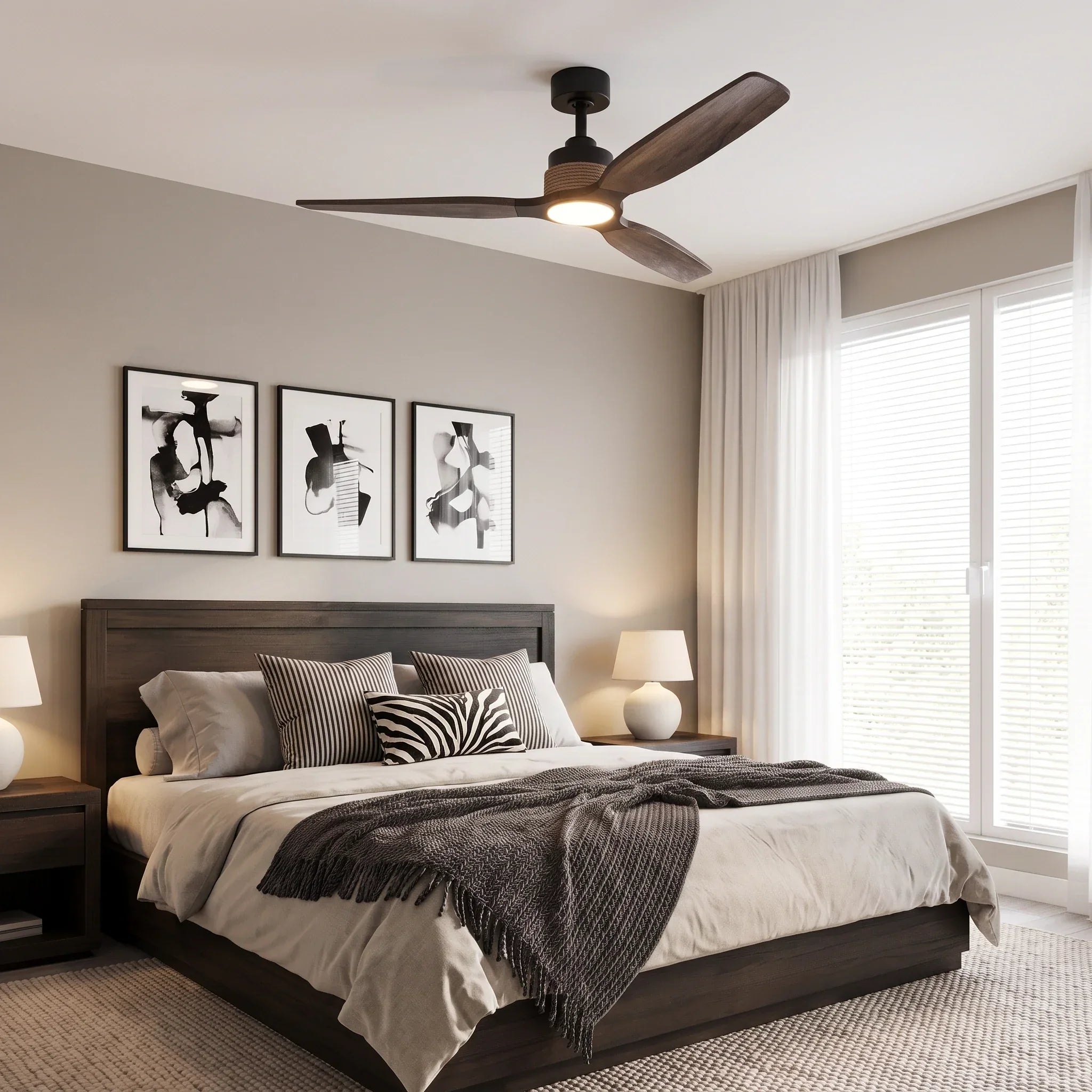 Louise Matte Black Ceiling Fan Ø142 cm with LED Light and 100% Solid Wood Blades